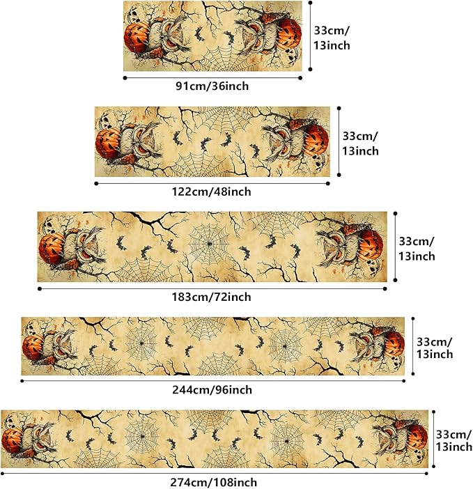 Halloween Table Runner with Owls, Bats & Spiders, Table Decoration for Dining Party and Home Decor,72x13 inches