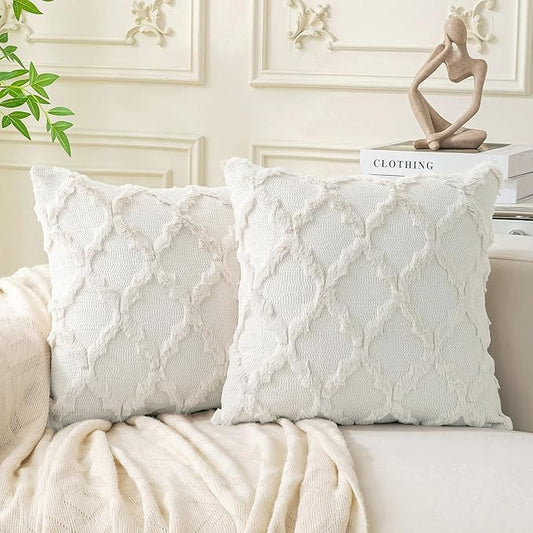 Set of 2 Soft Moroccan Throw Pillow Covers 24x24 Inch Plush Boho Decorative Pillow Cover Accent Cushion Case for Couch Sofa Bed, Cream White