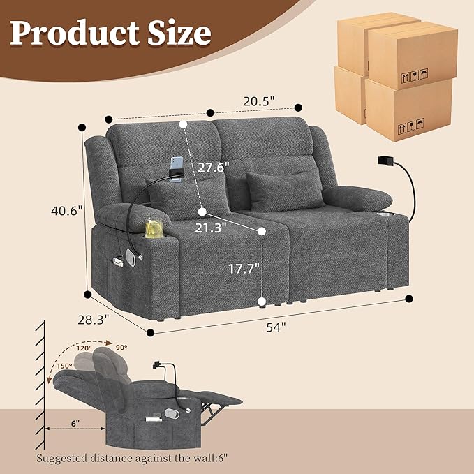 Home Theater Seating，RV Reclining Sofa Set with Adjustable Headrest， Recliner Sofa with Heat and USB&Type-C, Dawer & Cup Holders, 150° Recline for RV & Living Room(Loveseat Grey)