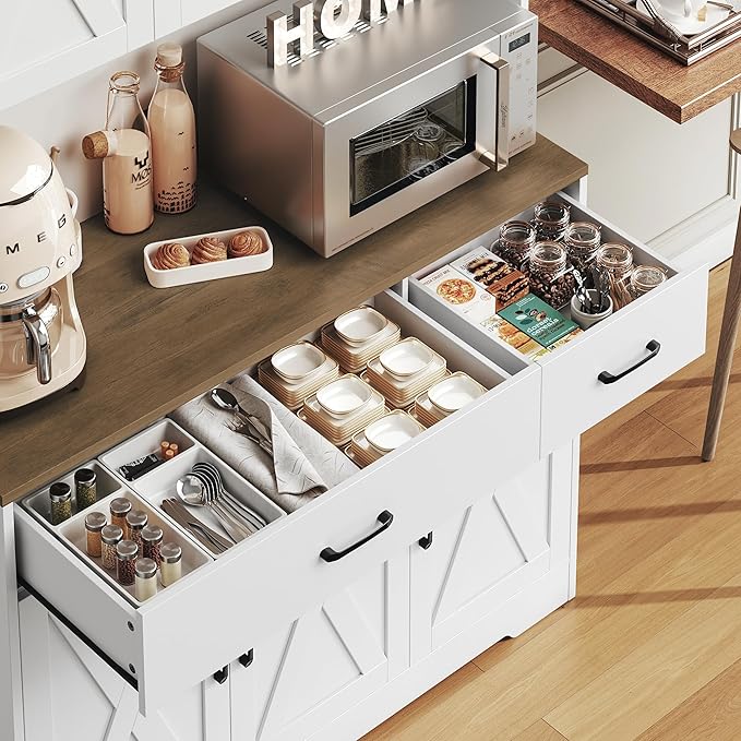 HOSTACK 71" Pantry Cabinet with Charging Station, Tall Kitchen Pantry Storage Cabinet with Microwave Stand, Farmhouse Kitchen Hutch with Storage Drawers for Living Room, Dining Room, White