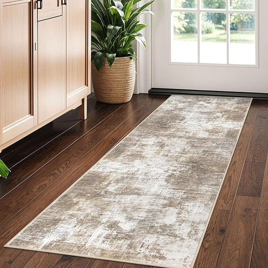 IOHOUZE Abstract Runner Rug 2x5 Ft Washable Runners for Hallways, Non Slip Kitchen Runner Printed Faux Wool Entryway Runner Indoor, Modern Abstract Floor Carpet for Hall Kitchen Bedroom, Beige Brown