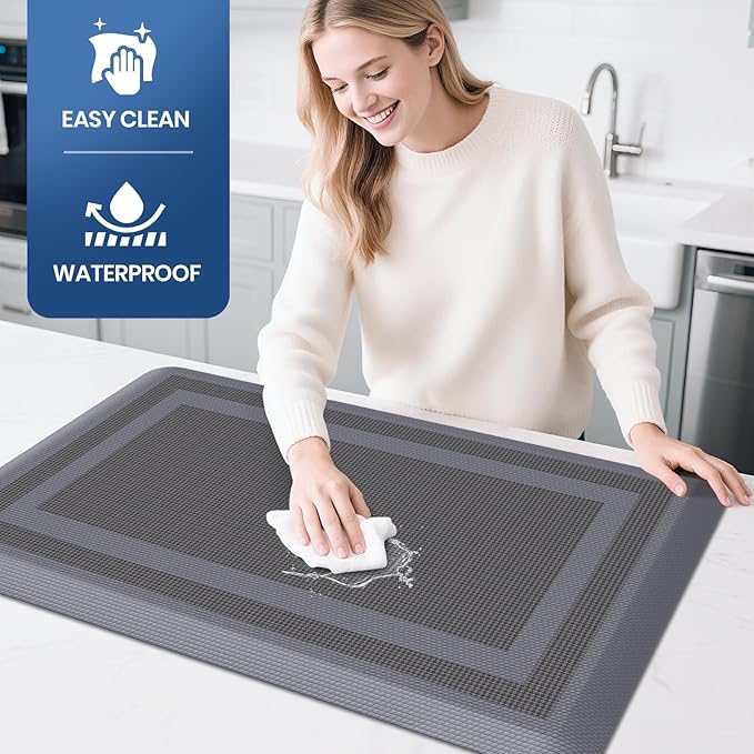 KitchenClouds [2 PCS Kitchen Rugs Cushioned Anti-Fatigue Kitchen Mats for Floor Waterproof Kitchen Rug Set Non-Slip Comfort Standing Mat for Office, Sink, Laundry 17.3"×29"+17.3"×47", Grey