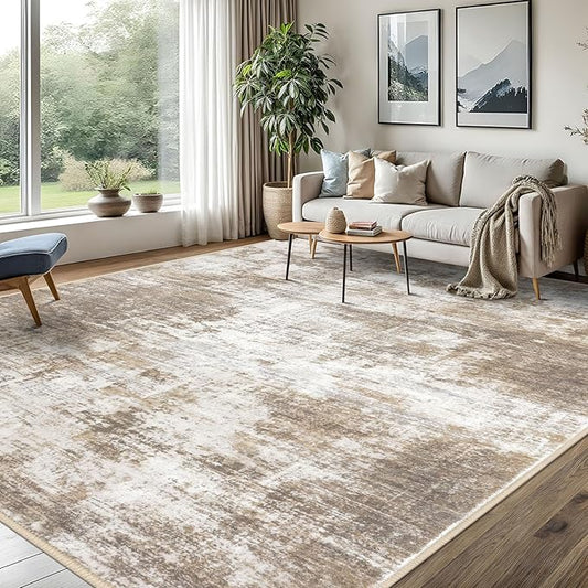 IOHOUZE Abstract Area Rugs 8x10 Ft Washable Large Rugs for Living Room, Non Slip Dining Room Rug, Printed Faux Wool Rugs for Bedroom, Floor Carpet for Office Nursery Playroom, Beige Brown