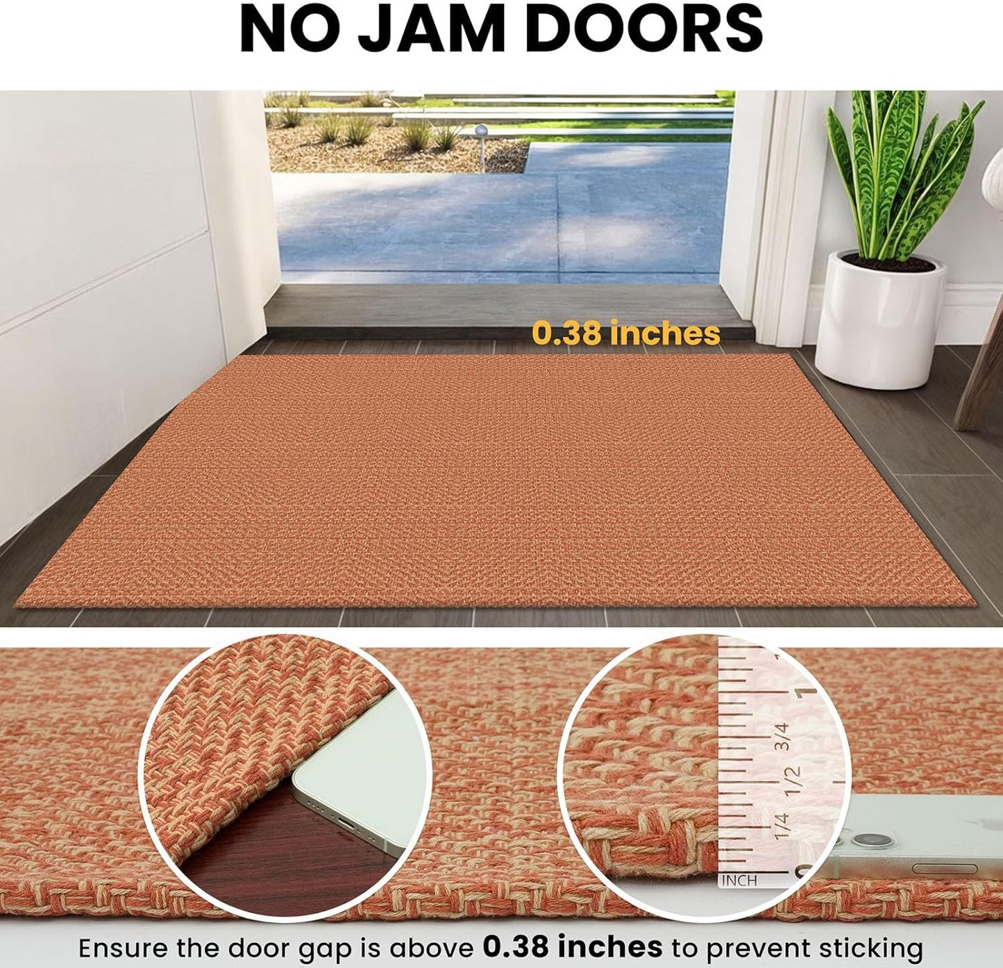 IOHOUZE Washable Area Rug 3x5 Non Slip Rubber Backed Woven Rugs for Entryway Rugs Indoor Outdoor Doormat Throw Rug Floor Carpet for Entrance Kitchen Front Door, Rustic Orange