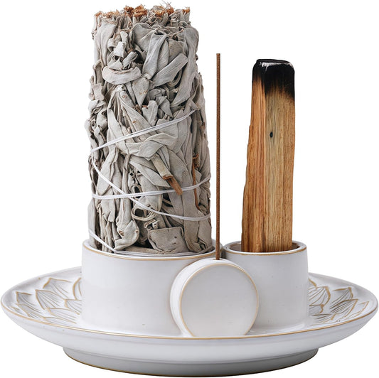 4 in 1 Incense Holder, Ceramic Incense Stick and Palo Santo Holder,Sage Holder for Burning- 5.5" Ceramic Ash Catcher Tray for Meditation and Yoga Room (White)