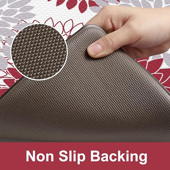 KIMODE Anti Fatigue Kitchen Mat 17.3"x29", Farmhouse Padded Kitchen Floor Mats Non Slip, Waterproof Kitchen Mat for Floor, Comfort Standing Mat for Laundry, Office, Sink, Desk Red and Grey