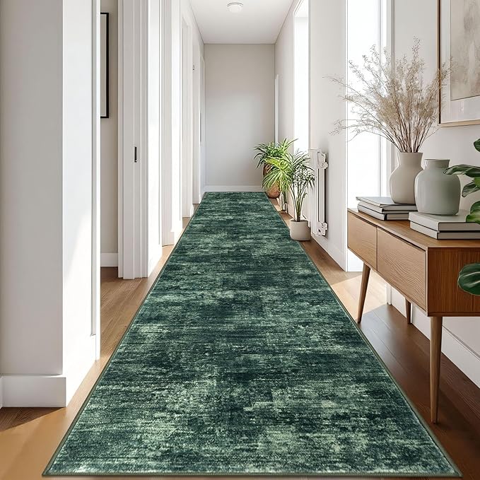 IOHOUZE Abstract Runner Rug 3x18 Ft Washable Runners for Hallways, Non Slip Kitchen Runner Printed Faux Wool Entryway Runner Indoor, Modern Abstract Floor Carpet for Hall Stair, Dark Green
