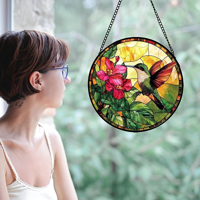 Stained Glass Suncatcher, Hummingbird Red Flowers Green Leaves Sun Catcher Stain Glass Window Hanging Decoration Mother's Day Birthday Gifts for Bird Lover Women Men Mom Nana 15 in
