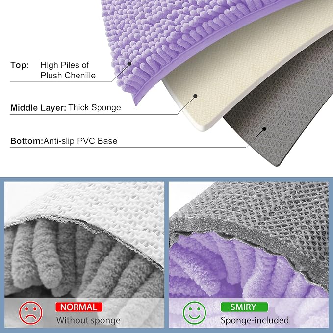 Smiry Luxury Chenille Bathroom Rugs 30x20, Extra Soft and Absorbent Shaggy Bath Mat, Machine Washable, Non-Slip Plush Carpet Runner for Tub, Shower, and Floor, Home Decor Accessories, Purple