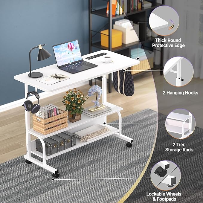 Armocity Height Adjustable Standing Desk with Power Outlets, 32" Manual Stand Up Desk with Storage Shelves Small Mobile Rolling Computer Desks Portable Laptop Table with Wheels for Home Office, White