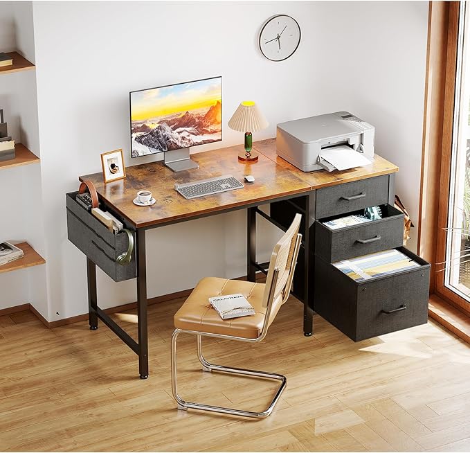 Casaottima 40-Inch Small Computer Desk with Fabric Drawers & File Cabinet, Home Office Desk with Cloth Storage Bag and Hook, Writing Study Work Table for Small Space, Vanity Desk for Bedroom, Vintage