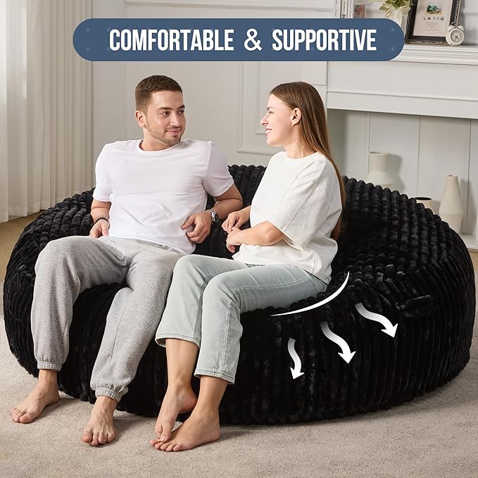 Hobestluk 6ft Bean Bag Chairs for Adults Large Beanbag Chair with Stripe Plush Cover Big Bean Bag Chair for Living Room Bedroom Dorm Office - Black (70" x 70" x 15")