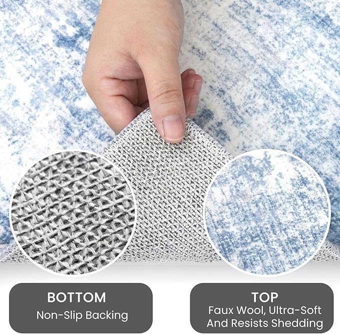 IOHOUZE Abstract Area Rugs 8x10 Ft Washable Large Rugs for Living Room, Non Slip Dining Room Rug, Printed Faux Wool Rugs for Bedroom, Floor Carpet for Office Nursery Playroom, Light Blue White