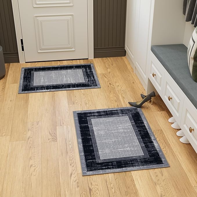 Ottomanson Rugs for Entryway 2'3" x 3' - 2 Pack Non Slip Border Small Area Rugs Durable Front Door Mat Rug Stain Resistant Entrance Rugs for Bathroom Kitchen Bedroom & Living Room, Gray/Navy