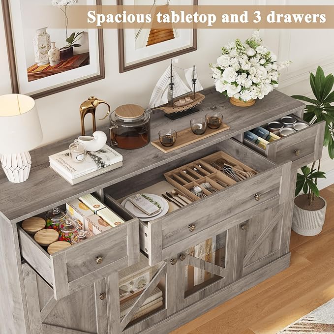Keyluv Buffet Sideboard 55" Large Storage Cabinet 4 Doors and 3 Drawers, Farmhouse Wooden Coffee Bar Space-Saved Cupboard Furniture for Dining Room, Kitchen, Living Room, Grey Brown