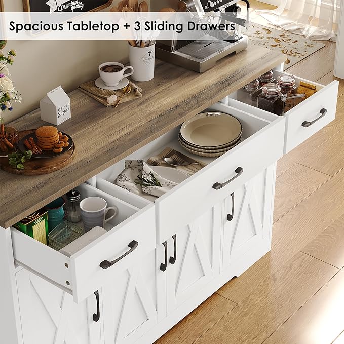 HOSTACK Buffet Cabinet with Drawers, 55" Large Sideboard Buffet Storage Cabinet with Shelves and Doors, Modern Farmhouse Coffee Bar Station Wood Kitchen Table for Kitchen, Dining Room, White/Rustic