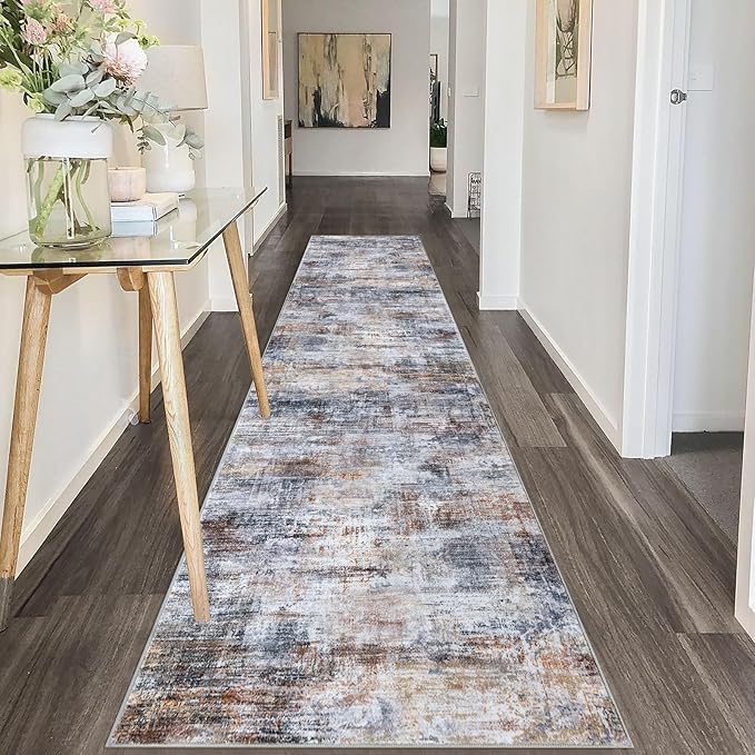 IOHOUZE Abstract Runner Rug 2x10 Ft Washable Runners for Hallways, Non Slip Kitchen Runner Printed Faux Wool Entryway Runner Indoor, Modern Abstract Floor Carpet for Hall Kitchen, Orange Grey