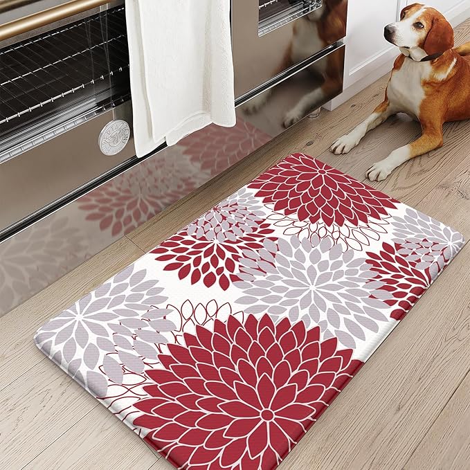 KIMODE Anti Fatigue Kitchen Mat 17.3"x29", Farmhouse Padded Kitchen Floor Mats Non Slip, Waterproof Kitchen Mat for Floor, Comfort Standing Mat for Laundry, Office, Sink, Desk Red and Grey