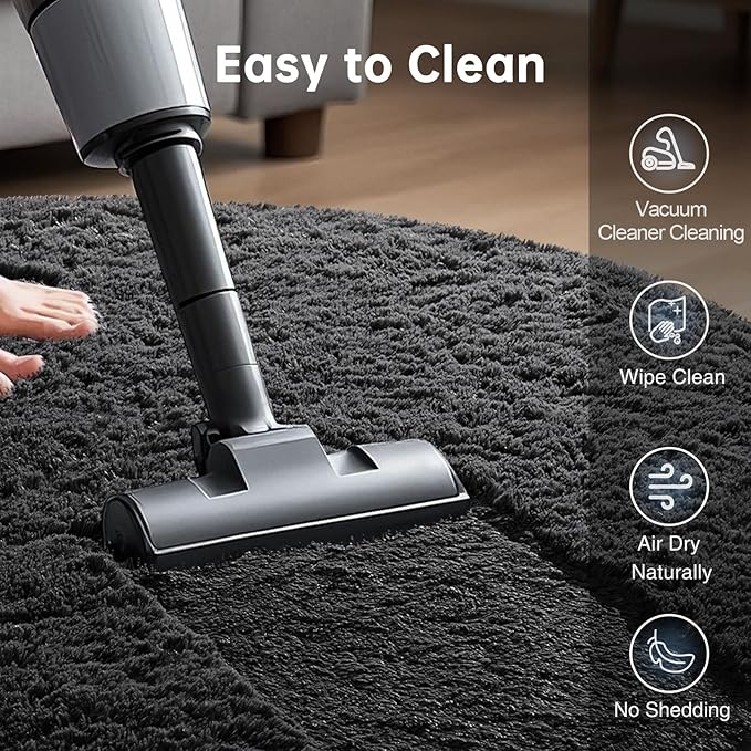 Ophanie Round Rug 8Ft Black Circle Area Rug, Room Decor for Men, Fluffy Fuzzy Bedroom Carpet, Plush Soft Shaggy Living Room Rugs for Kids Home Decor Aesthetic, Nursery