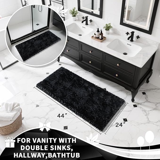 Yimobra Long Bathroom Rug Non Slip 44x24 Inch, Extra Thick Soft Absorbent Chenille Bath Mat, Machine Washable Quick Dry Bath Rugs for Bathroom Floor, Tub and Shower, Home Decor Accessories, Black