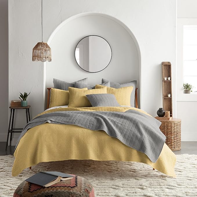 Levtex Home Mills Waffle Twin Quilt Set - Ochre Cotton, 1 Sham, 1 Quilt (68 x 86in.)