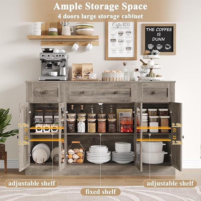 Keyluv Buffet Sideboard 55" Large Storage Cabinet 4 Doors and 3 Drawers, Farmhouse Wooden Coffee Bar Space-Saved Cupboard Furniture for Dining Room, Kitchen, Living Room, Grey Brown
