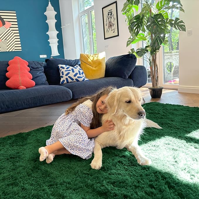 OLANLY 9x12 Machine Washable Large Area Rugs for Living Room, Bedroom, Soft Fluffy Shaggy Bedside Rug, Indoor Floor Carpet for Kids Girls and Boys, Dorms, Nursery, Home Decor Aesthetic, Dark Green