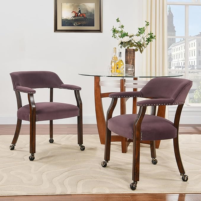 MODERION Dinning Chairs with Wheels and Arms Set of 2, Solid Wood Office Desk Chairs with Frosted Velvet Upholstered, Classic Swivel Accent Chairs,31.5" H Boss Caption's Chair, Plum XXY-HT22-PM