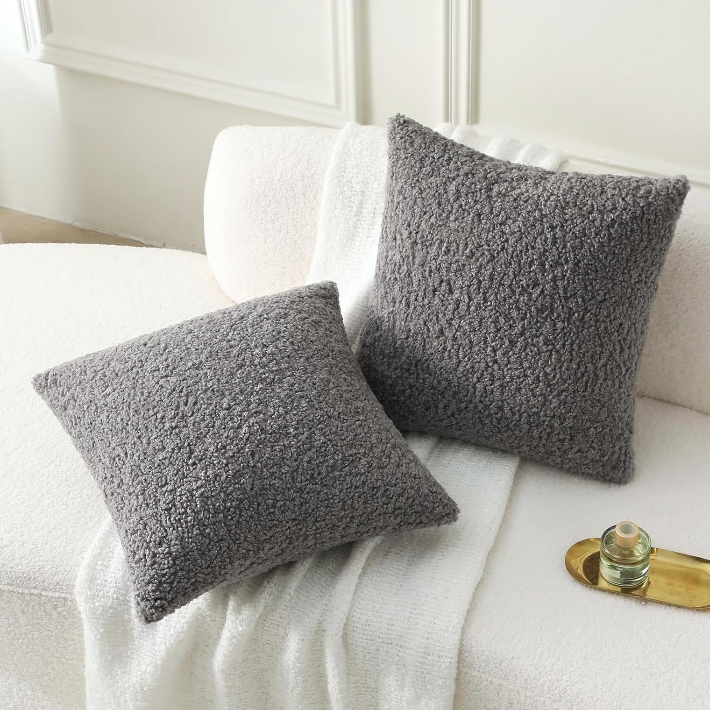 FUTEI Dark Grey Throw Pillow Covers 22x22 Inch Set of 2,Furry Faux Fur Teddy Boucle Textured Cushion Covers,Soft Fluffy Decorative Pillow Case,Home Decor for Couch Bed Living Room Office Car