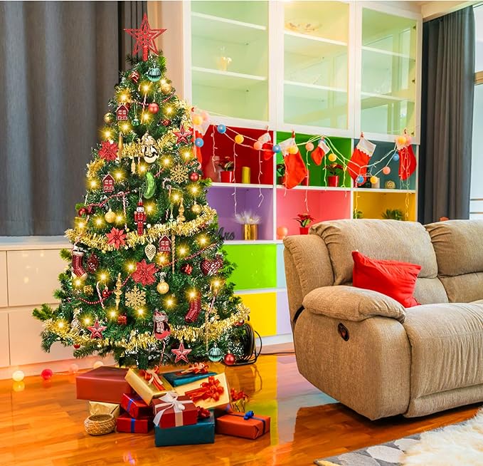 5ft Artificial Christmas Tree with Lights and Ornaments, Prelit Xmas Tree with Hanging Balls (8 Modes) for Home Holiday Decoration, Gold+Red+Green