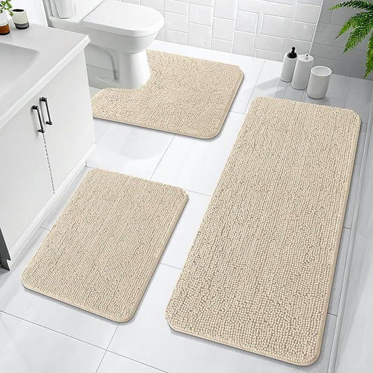 OLANLY Bathroom Rugs Sets 3 Piece, Soft Absorbent Chenille Bath Mats and U-Shaped Contour Toilet Rug, Quick Dry, Home Decor Accessories, Bath Mat Set for Bathroom (47"x20"+24"x16"+24"x20", Sand)