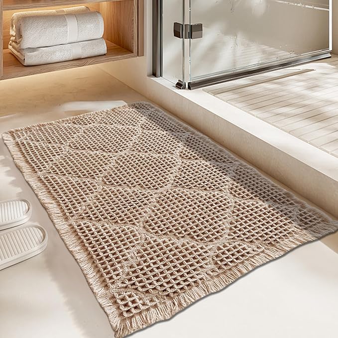 ZALL Tan Waffle Bath Mat,Super Absorbent Non Slip Bathroom Rug,Brown 24x36inch, Geometric Diamond Machine Washable Ultra Soft Floor Mats