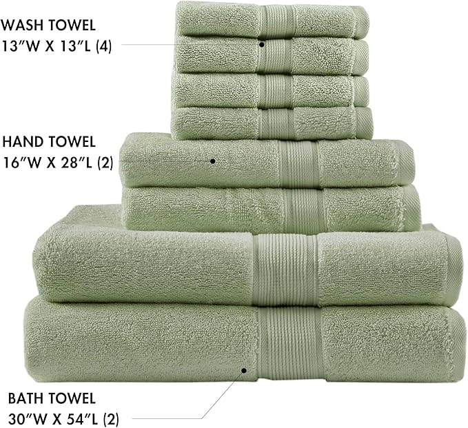 Madison Park 800GSM Bathroom Towel Set of 8 100% Cotton Bath Towel Set for Bathroom Luxurious Highly Absorbent 2 Bath Towels 2 Hand Towels 4 Washcloths Quick Dry Spa Quality Sage Green