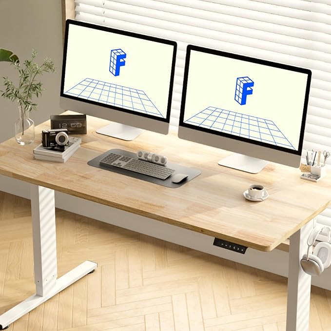 FLEXISPOT EN1 One-Piece Solid Wooden Standing Desk 63 x 24 Inches Height Adjustable Electric Sit Stand Home Office Desks (White Frame + Rubber Wood Top, 2 Packages)