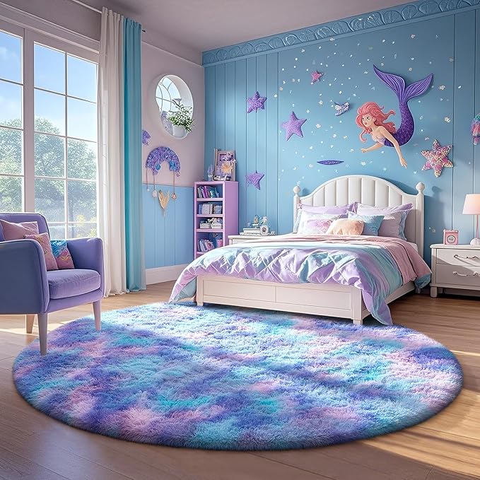 Ophanie Round Rugs 6Ft Tie-Dye Rainbow Purple Circle Area Rug, Fluffy Fuzzy Bedroom Carpet, Plush Soft Shaggy Indoor Floor Colorful Living Room Rugs for Kids Home Decor Aesthetic, Nursery
