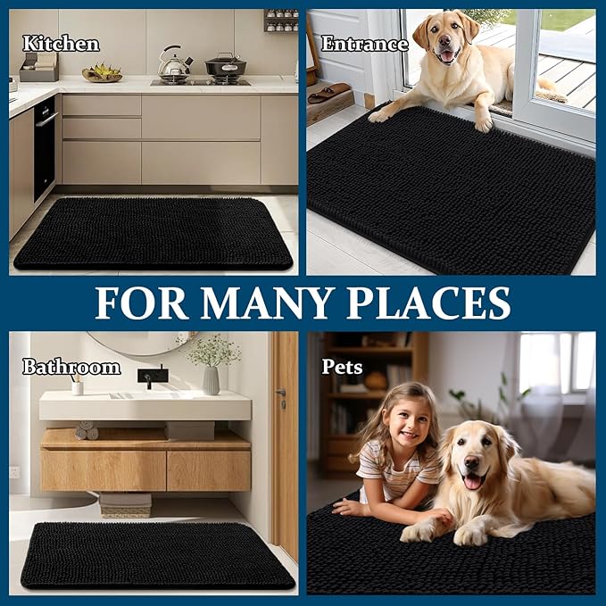 OLANLY Dog Door Mat for Muddy Paws 40x24, Absorbs Moisture and Dirt, Absorbent Non-Slip Washable Doormat, Quick Dry Chenille Mud Mat for Dogs, Entry Indoor Entryway Carpet for Inside Floor, Black