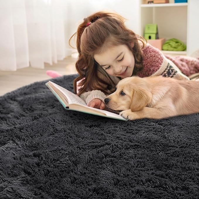 OLANLY Black Round Rugs for Bedroom - Machine Washable, 9 ft Circle Area Rugs for Living Room, Soft and Fluffy Shaggy Carpet for Teen Girls and Boys, Nursery Rooms, Dorms, Home Decor Aesthetic