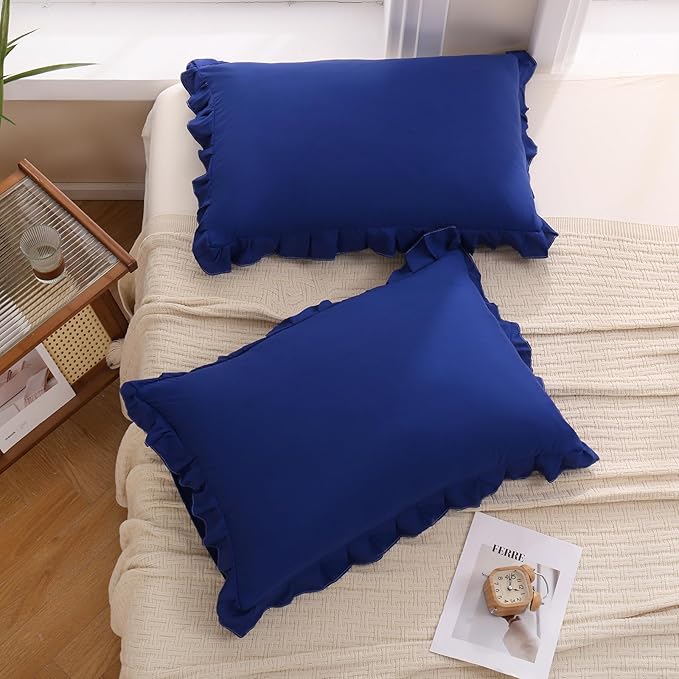 Merryword Navy Blue Pillow Shams Navy Standard Pillowcases Cute Pillow Cover Set of 2 Soft Shabby Chic Ruffled Pillowcases 2 Pack (Queen (20''x30''), Navy Blue)