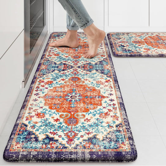 KIMODE Anti Fatigue Kitchen Mat, Boho Vintage Kitchen Rugs Sets of 2, Cushioned Non-Slip Kitchen Mats for Floor, Comfort Kitchen Floor Mats for Sink, Laundry, Desk Orange/Purple,17"x47"+17"x29"