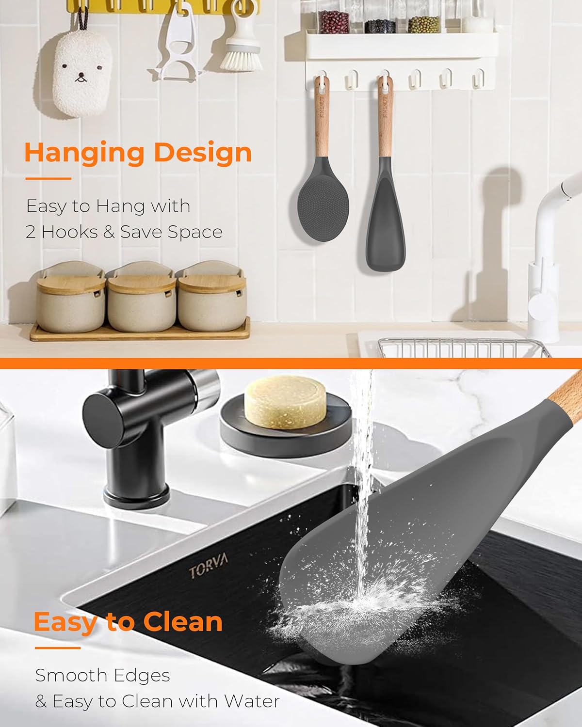 Multifunction Silicone Spatula Spoon 2-Pack Dual-Use-Heat-Resistant 446°F BPA-Free Non-Toxic Cooking for Non-Stick Cookware,Rice Cookers,Wooden Handle Scoop/Serve Meal/Rice Spoon Set (Gray)