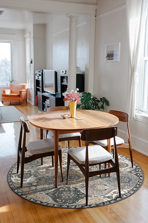 Lahome Moroccan Trellis Washable Round Rugs, Non-Slip Soft Round Rug 4ft Ultra-Thin, Small Vintage Circle Carpet for Entryway Kitchen Bedroom Nursery Bathroom, Grey