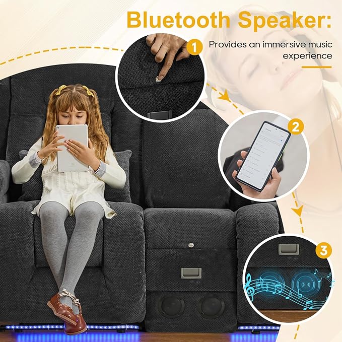 IPKIG 67" Power Reclining Loveseat Sofa, Electric Home Theater Seating with Console/4 Colors Ambient Lighting/Bluetooth Speakers/USB Ports/Built-in Outlets (Charcoal, Loveseat Recliner)