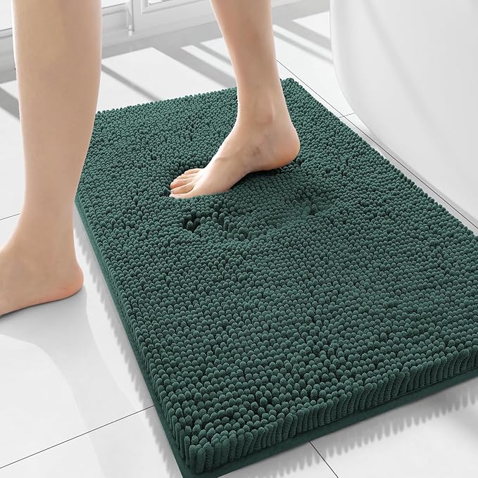 Smiry Luxury Chenille Bathroom Rugs 34x21, Extra Soft and Absorbent Shaggy Bath Mat, Machine Washable, Non-Slip Plush Carpet Runner for Tub, Shower, and Floor, Home Decor Accessories, Green