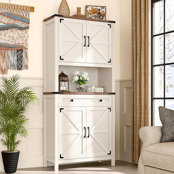 72" H Tall Farmhouse Storage Cabinet with Drawer, 6 Tier Kitchen Pantry Organize with 4 Barn Door and Adjustable Shelf, Microwave Stand for Kitchen, Garage, Living, Utility Room, White