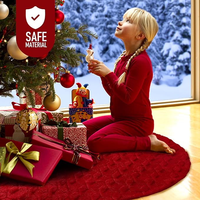 Christmas Tree Skirt 48 inches Faux Fur White Christmas Tree Skirt for Christmas Tree Decorations Winter Holiday Home Christmas Party Ornaments (Red/Diamond)