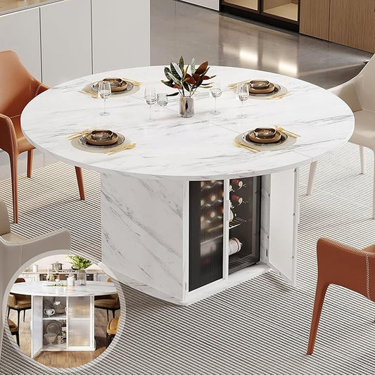 IBF 47" Round Dining Table with Fridge Space, Modern White Faux Marble Kitchen Tables for 4-6 People,Wood Dining Room Table with Storage Shelf, Circle Dinner Tables for Home, White Marble, Only Table