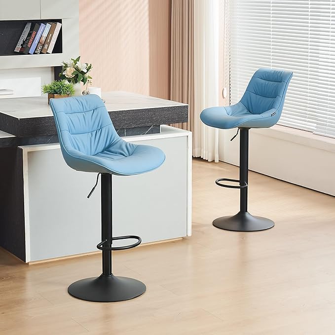 Kidol & Shellder Bar Stools Set of 2 Adjustable Swivel Blue, PU Leather Upholstered with Back, Modern Counter Height Stools for Kitchen Island, Home Bar