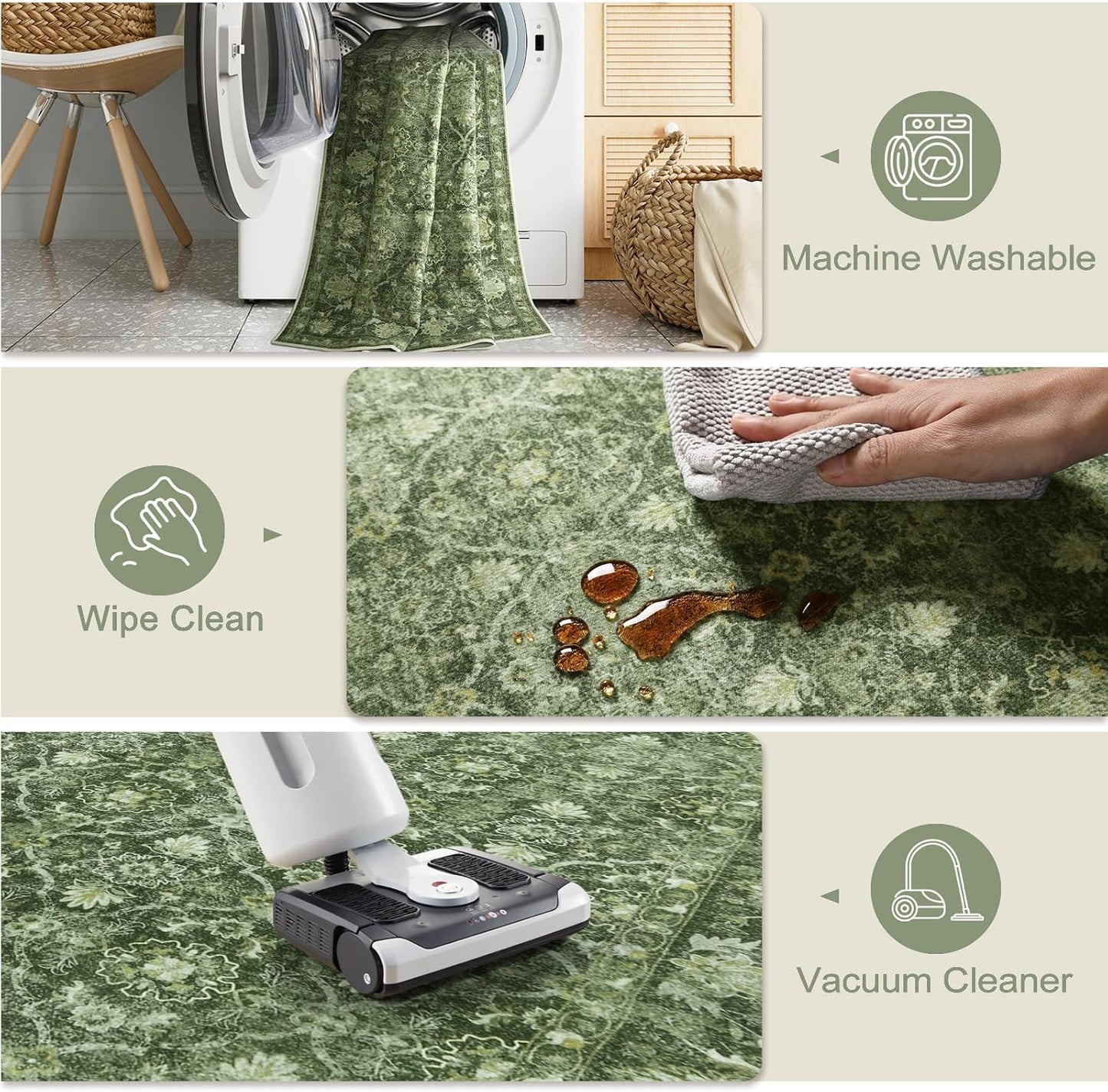 Vintage Green Washable 2x6 Runners for Hallways, Boho Kitchen Runner Rug Non Skid, Soft Low Pile Floor Carpet for Entry Bathroom Bedside High Traffic Area (2'x6', Green)