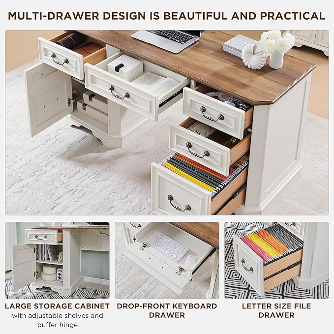 T4TREAM 59" Farmhouse Executive Desk with Drawers,Wood Home Office Computer Desk, Featuring Keyboard Tray,Charging Station,File Drawer, Storage Cabinet,for Work and Study (Antique White)