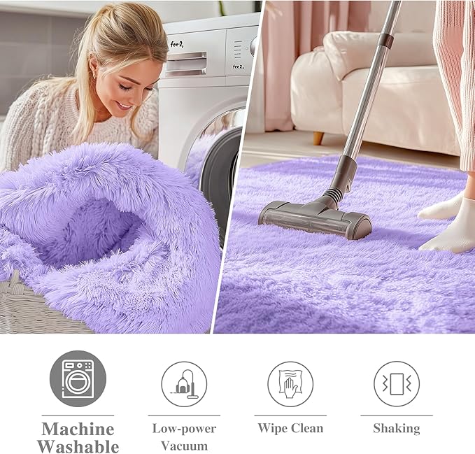 OLANLY Light Purple Round Rugs for Bedroom - Machine Washable, 4 ft Circle Area Rugs for Living Room, Soft and Fluffy Shaggy Carpet for Teen Girls and Boys, Nursery Rooms, Dorms, Home Decor Aesthetic